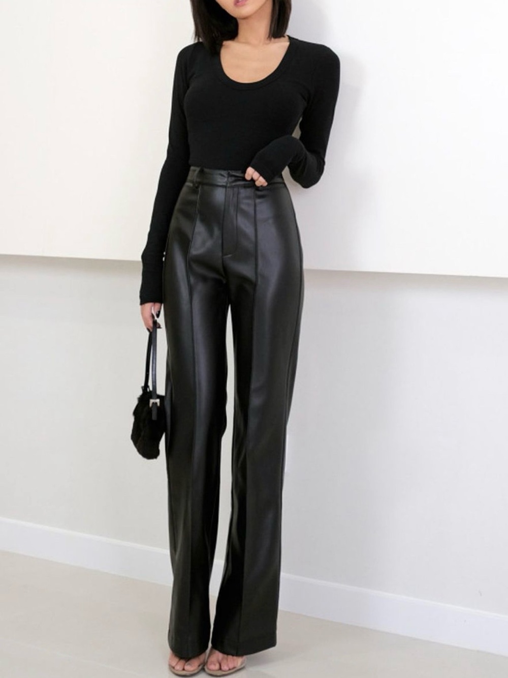 High-Waist Black Faux Leather Straight-Leg Pants